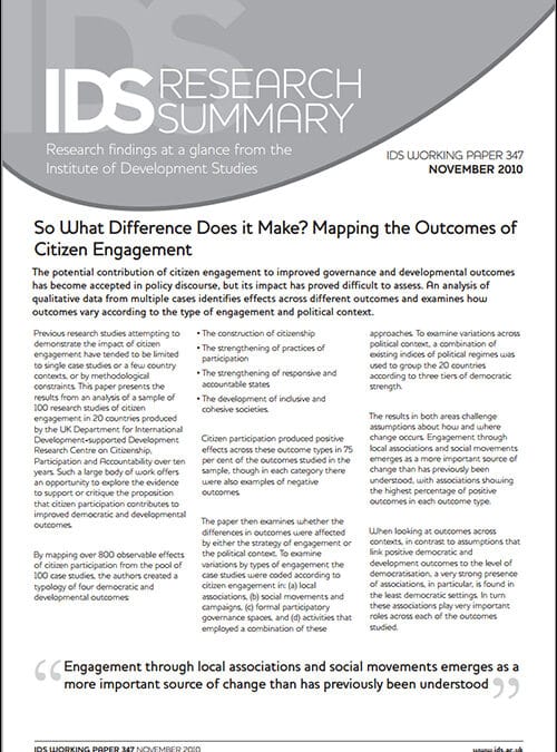 So What Difference Does It Make? Mapping the Outcomes of Citizen Engagement